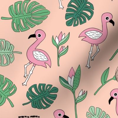 Flamingo island beach garden birds of paradise boho monstera leaves summer green pink