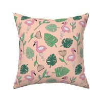 Flamingo island beach garden birds of paradise boho monstera leaves summer green pink