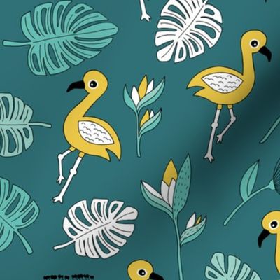 Flamingo island beach garden birds of paradise boho monstera leaves summer green gender neutral blue ochre