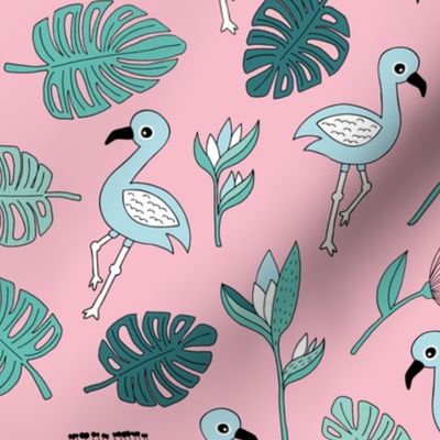 Flamingo island beach garden birds of paradise boho monstera leaves summer green girls blue pink