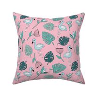 Flamingo island beach garden birds of paradise boho monstera leaves summer green girls blue pink