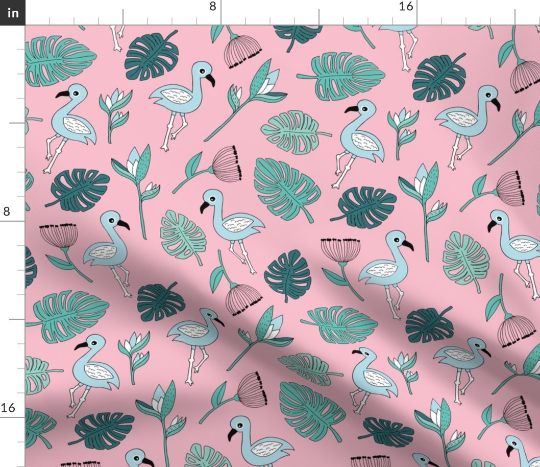 Flamingo island beach garden birds of paradise boho monstera leaves summer green girls blue pink