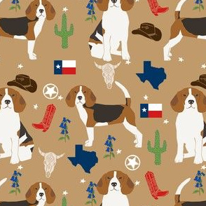 beagle texas fabric - dog fabric, texas fabric, cowboy hat, cowboy boots, longhorns -  tan