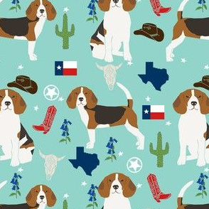 beagle texas fabric - dog fabric, texas fabric, cowboy hat, cowboy boots, longhorns - blue