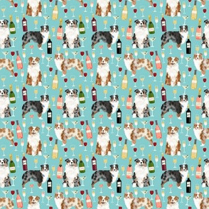 TINY - australian shepherd wine fabric - dogs and wine,d og fabric, red merle and blue merle dogs