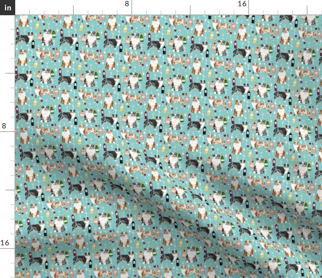TINY - australian shepherd wine fabric - dogs and wine,d og fabric, red merle and blue merle dogs