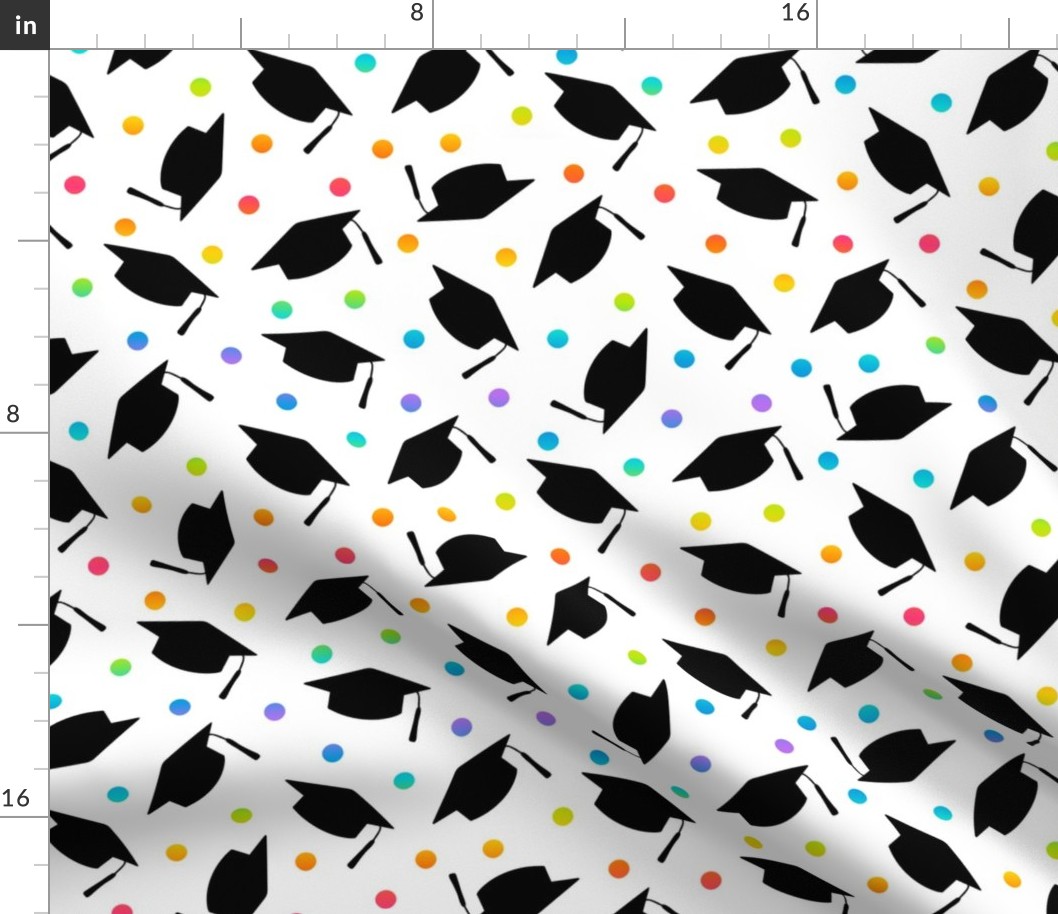 Tossed Graduation Caps in Black with Rainbow Confetti
