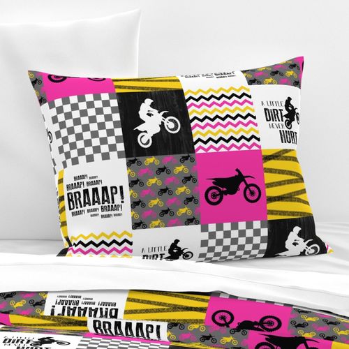 Motocross//A little dirt never hurt//Pink&Yellow - Wholecloth Cheater Quilt