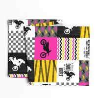 Motocross//A little dirt never hurt//Pink&Yellow - Wholecloth Cheater Quilt