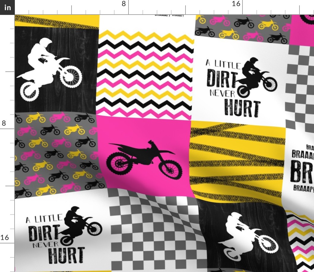 Motocross//A little dirt never hurt//Pink&Yellow - Wholecloth Cheater Quilt