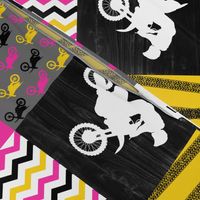 Motocross//A little dirt never hurt//Pink&yellow - Wholecloth Cheater Quilt - Rotated