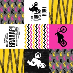 Motocross//A little dirt never hurt//Pink&yellow - Wholecloth Cheater Quilt - Rotated