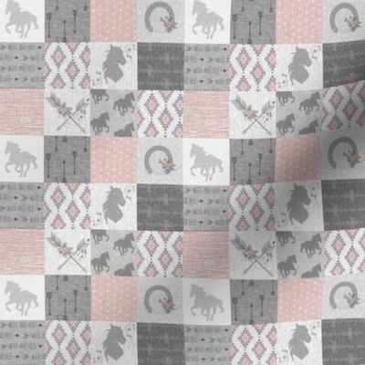 1” BoHo Horse Quilt Patchwork - pink and brey