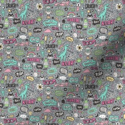 Superheroes  Dinosaurs Space  Galaxy Comic Speech Bubbles Doodle Pink on  Dark Grey Tiny Small