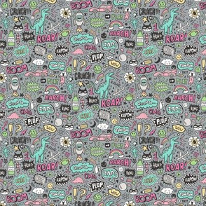 Superheroes  Dinosaurs Space  Galaxy Comic Speech Bubbles Doodle Pink on  Dark Grey Tiny Small