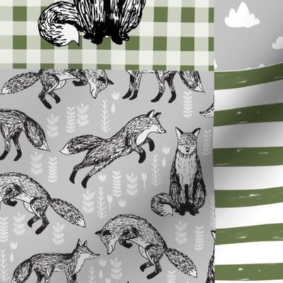 Fox cheater quilt - olive and grey - fox quilt, cheater quilt, woodland quilt, 