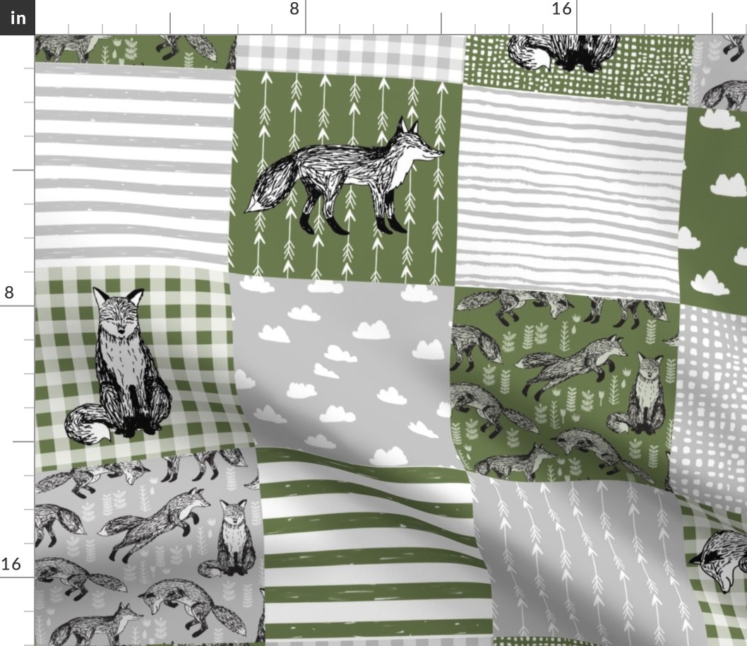 Fox cheater quilt - olive and grey - fox quilt, cheater quilt, woodland quilt, 