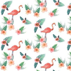 watercolor flamingo with tropical flowers, coral flamingo white
