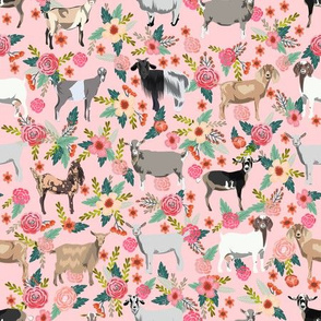 goat floral fabric - goat floral, farm floral, farm animals floral, nigerian dwarf goat, boer goat - pink