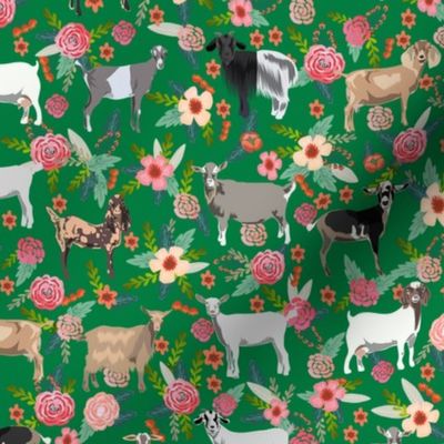 goat floral fabric - goat floral, farm floral, farm animals floral, nigerian dwarf goat, boer goat - green