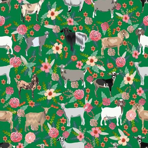 goat floral fabric - goat floral, farm floral, farm animals floral, nigerian dwarf goat, boer goat - green