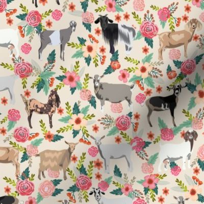 goat floral fabric - goat floral, farm floral, farm animals floral, nigerian dwarf goat, boer goat - cream