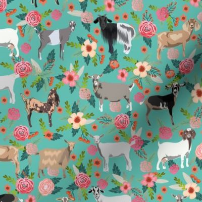 goat floral fabric - goat floral, farm floral, farm animals floral, nigerian dwarf goat, boer goat - teal