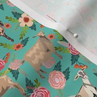 goat floral fabric - goat floral, farm floral, farm animals floral, nigerian dwarf goat, boer goat - teal