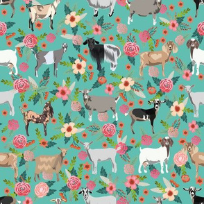 goat floral fabric - goat floral, farm floral, farm animals floral, nigerian dwarf goat, boer goat - teal