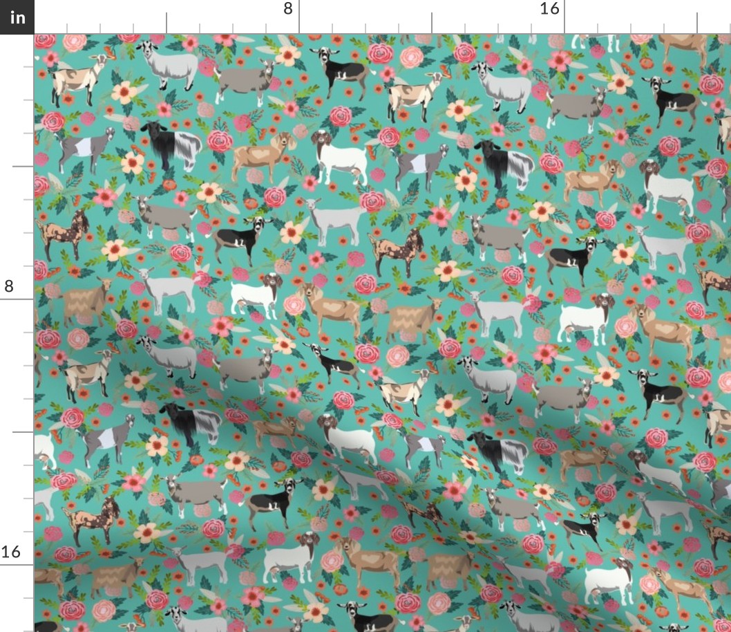 goat floral fabric - goat floral, farm floral, farm animals floral, nigerian dwarf goat, boer goat - teal