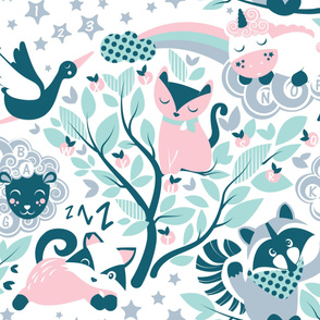 A B C Playmat and Wallpaper // white background aqua teal grey and pink animals and motifs