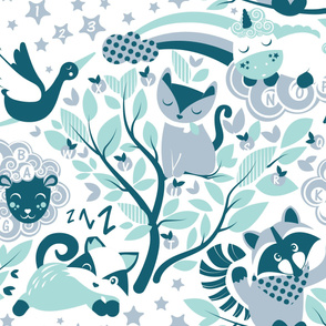 A B C Playmat and Wallpaper // white background aqua teal and grey animals and motifs