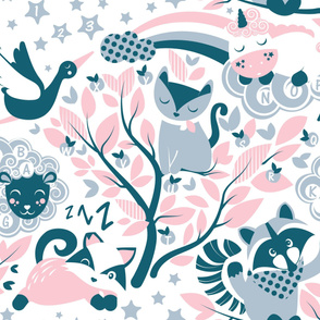 A B C Playmat and Wallpaper // white background pastel pink teal and grey animals and motifs