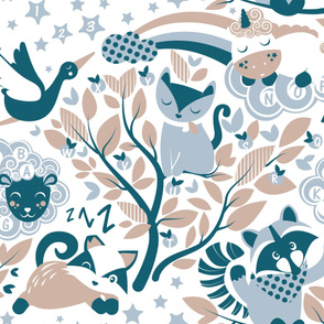 A B C Playmat and Wallpaper // white background taupe teal and grey animals and motifs