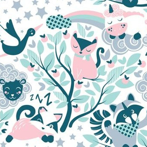 Small scale // Little enchanted forrest // white background aqua teal grey and pink animals and motifs