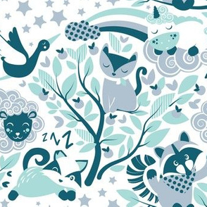 Small scale // Little enchanted forrest // white background aqua teal and grey animals and motifs