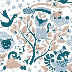 Small scale // Little enchanted forrest // white background taupe teal and grey animals and motifs