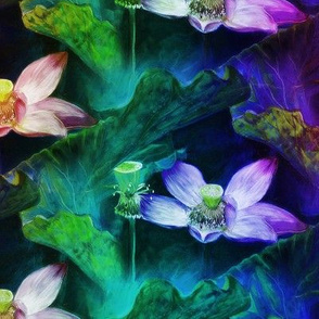 LOTUS FLOWERS DIAGONAL purple aqua pink blue CHALK PASTEL DRAWING water lily nympheas PAYSMAGE