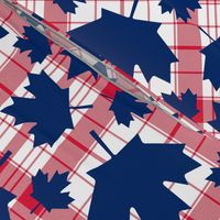 Navy Blue Maple Leaves on Red and White Plaid