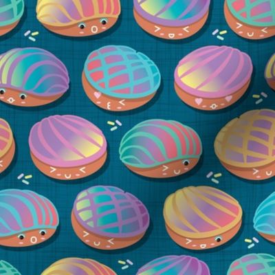 Small scale // Kawaii Mexican conchas // turquoise background rainbow colors pan dulce shells