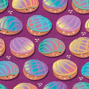 Small scale // Kawaii Mexican conchas // dark pink background rainbow colors pan dulce shells