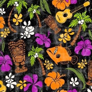 Hawaiian Tiki Beach Tropical Micro Print - Black and Orchid colorway