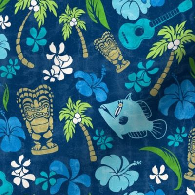 Hawaiian Tiki Beach Tropical Micro Print - Navy and Turquoise colorway