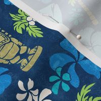 Hawaiian Tiki Beach Tropical Micro Print - Navy and Turquoise colorway