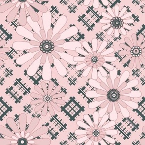 Gray pink abstract pattern with flowers