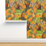 Pierre-Joseph Redouté-Fruit Cocktail - Vintage Tropical Palm Jungle,  flower Pineapple fabric, Palm fabric,vintage hawaiian fabric on sunny yellow