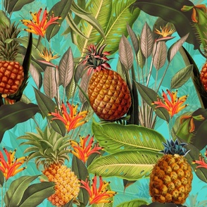 Pierre-Joseph Redouté-Fruit Cocktail - Vintage Tropical Palm Jungle,  Pineapple fabric, Palm fabric,vintage hawaiian fabric on teal