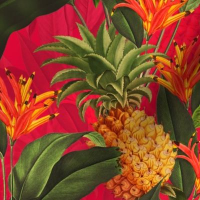 Pierre-Joseph Redouté-Fruit Cocktail - Vintage Tropical Palm Jungle, flower Pineapple fabric, Palm fabric,vintage hawaiian fabric on fiery red