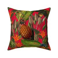 Pierre-Joseph Redouté-Fruit Cocktail - Vintage Tropical Palm Jungle, flower Pineapple fabric, Palm fabric,vintage hawaiian fabric on fiery red