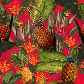 Pierre-Joseph Redouté-Fruit Cocktail - Vintage Tropical Palm Jungle, flower Pineapple fabric, Palm fabric,vintage hawaiian fabric on fiery red